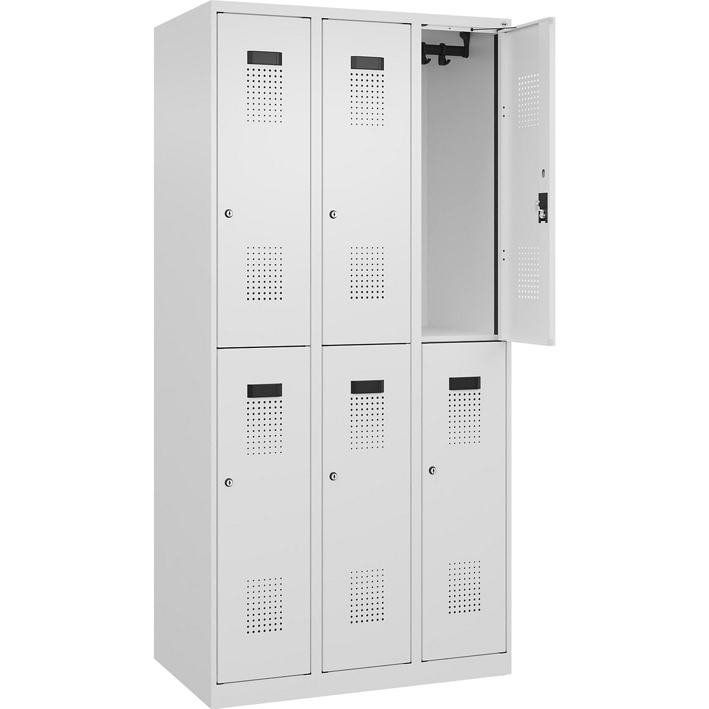 Evolo PLUS double deck clothes locker, 3 compartments, traffic white, W 900 mm, with floor glides, cylinder lock.