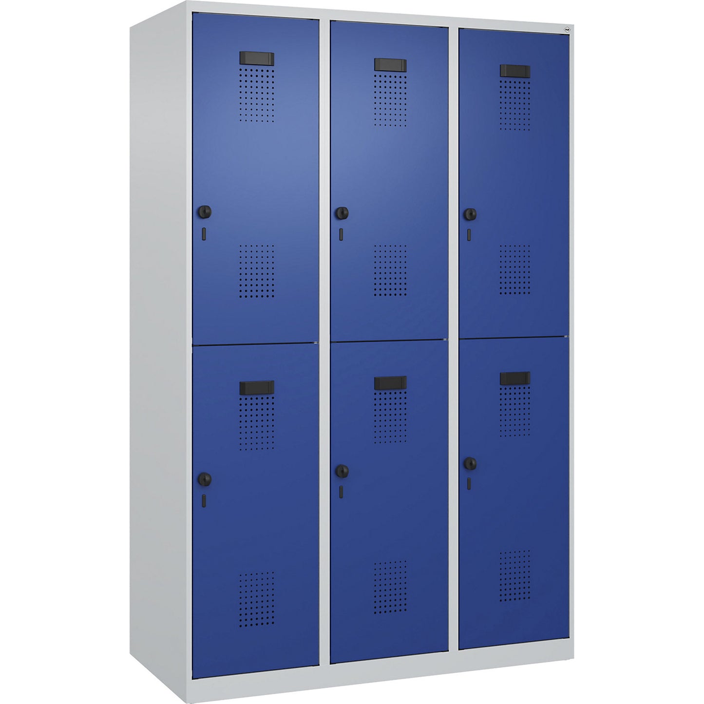Evolo PLUS double deck clothes locker, 3 compartments, light grey / gentian blue, W 1200 mm, with floor glides, rotary bolt.