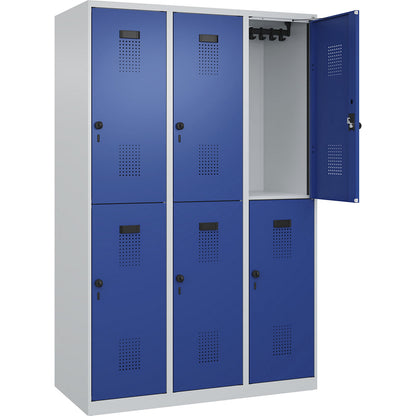 Evolo PLUS double deck clothes locker, 3 compartments, light grey / gentian blue, W 1200 mm, with floor glides, rotary bolt.