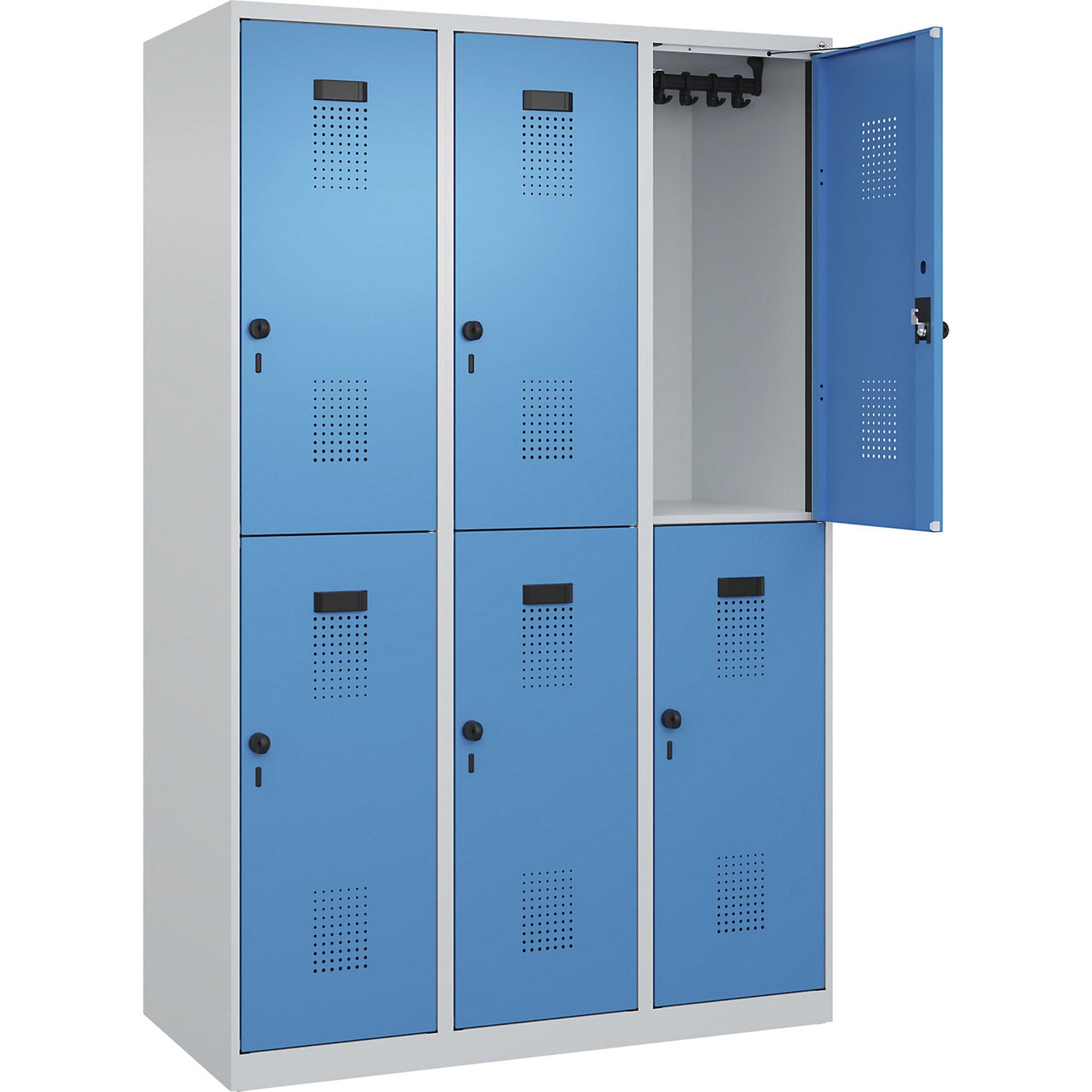 Evolo PLUS double deck clothes locker, 3 compartments, light grey / light blue, W 1200 mm, with floor glides, rotary bolt.