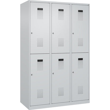 Evolo PLUS double deck clothes locker, 3 compartments, light grey, W 1200 mm, with floor glides, cylinder lock.