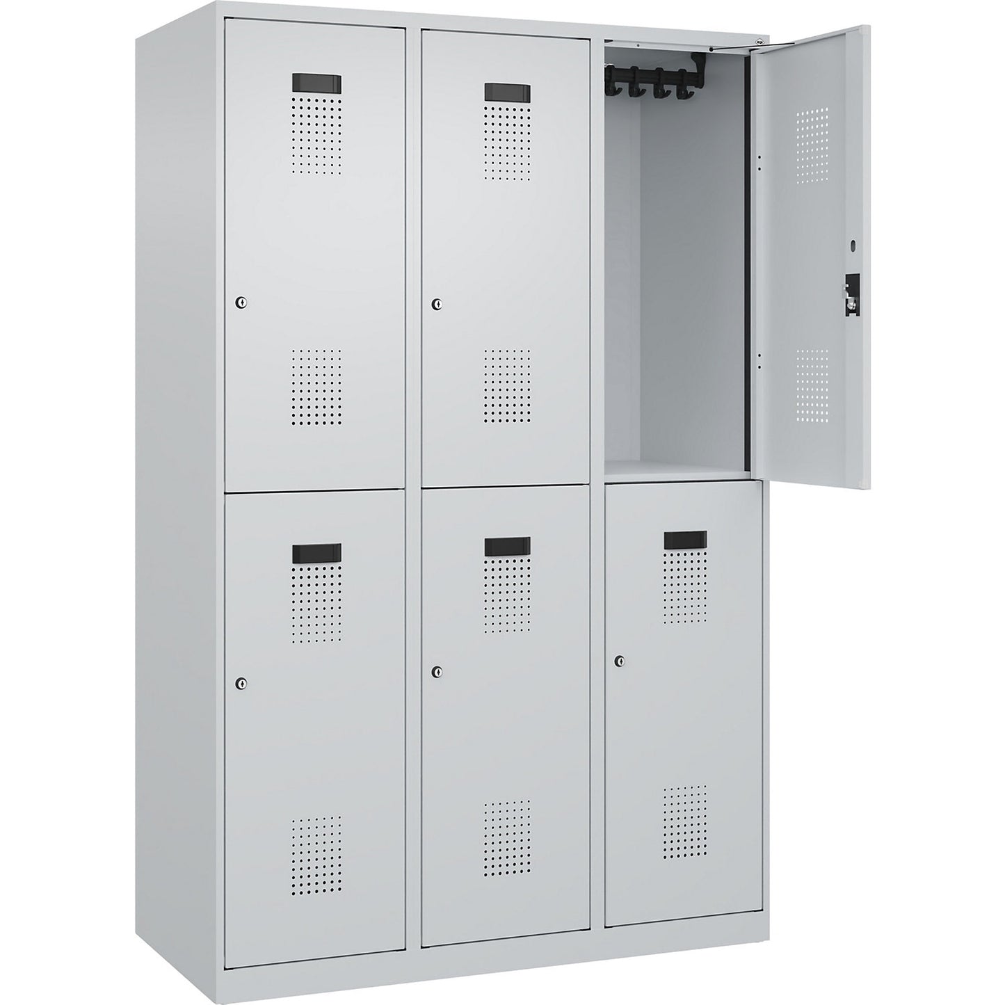 Evolo PLUS double deck clothes locker, 3 compartments, light grey, W 1200 mm, with floor glides, cylinder lock.