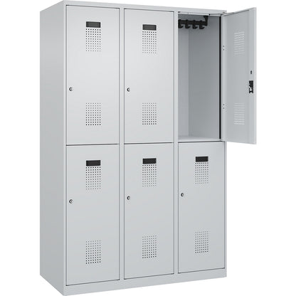 Evolo PLUS double deck clothes locker, 3 compartments, light grey, W 1200 mm, with floor glides, cylinder lock.