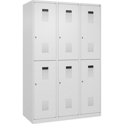 Evolo PLUS double deck clothes locker, 3 compartments, traffic white, W 1200 mm, with floor glides, cylinder lock.