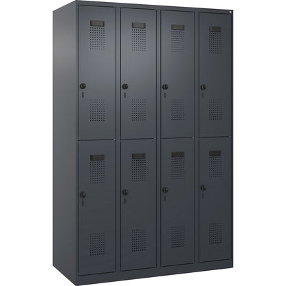 Evolo PLUS double deck clothes locker, 4 compartments, grey, W 1200 mm, with floor glides, rotary bolt.