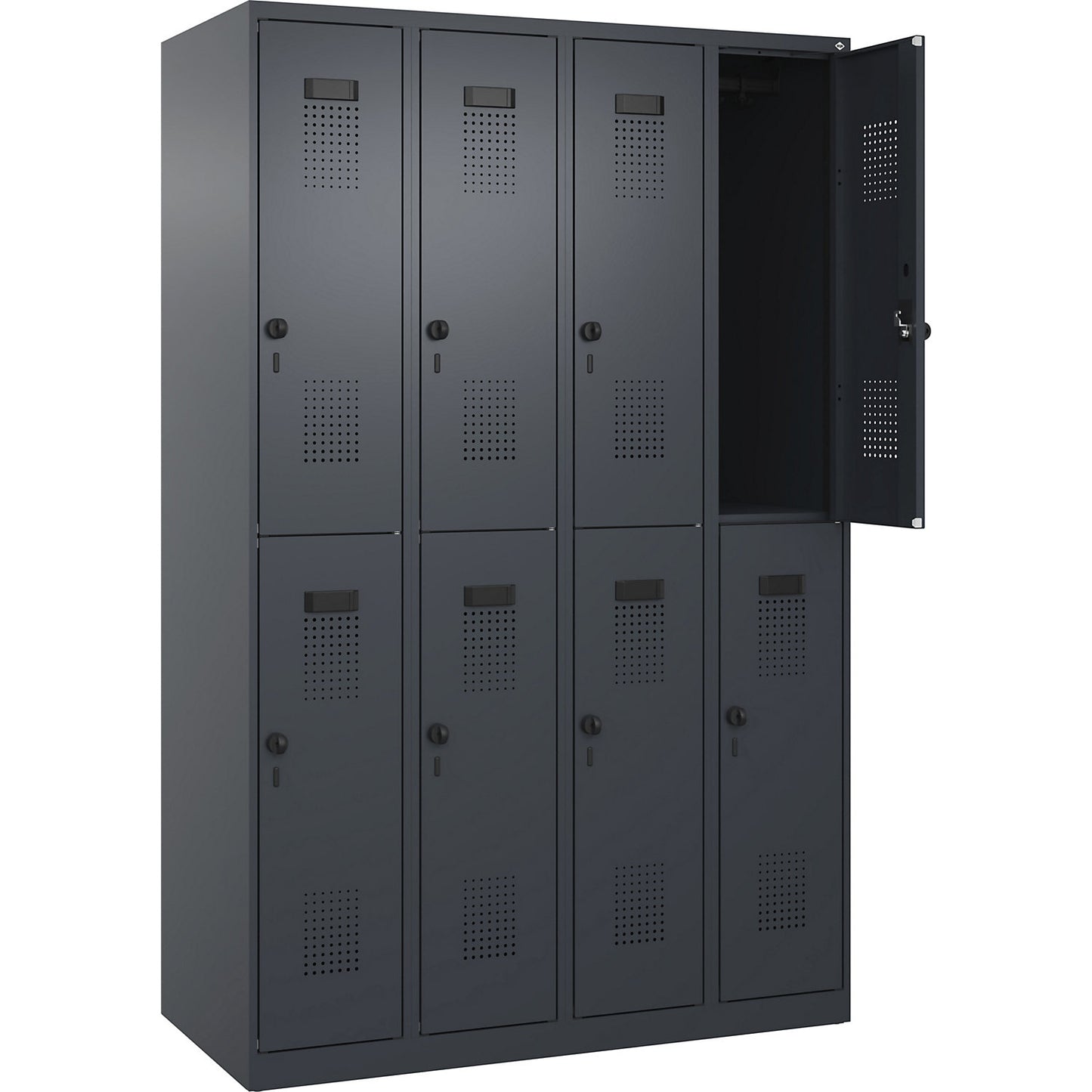 Evolo PLUS double deck clothes locker, 4 compartments, grey, W 1200 mm, with floor glides, rotary bolt.