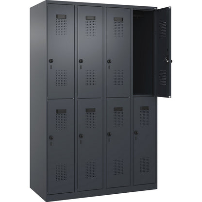Evolo PLUS double deck clothes locker, 4 compartments, grey, W 1200 mm, with floor glides, rotary bolt.