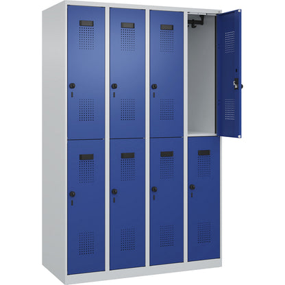 Evolo PLUS double deck clothes locker, 4 compartments, light grey / gentian blue, W 1200 mm, with floor glides, rotary bolt.