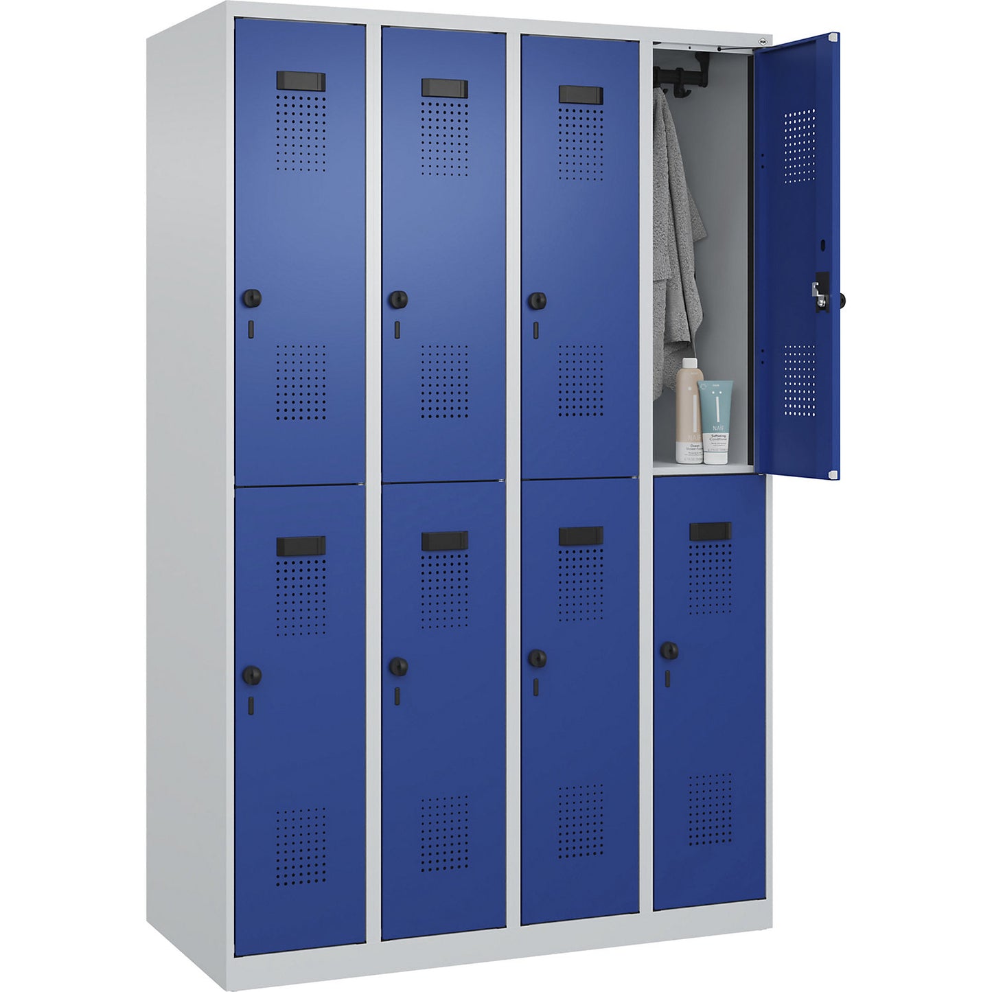 Evolo PLUS double deck clothes locker, 4 compartments, light grey / gentian blue, W 1200 mm, with floor glides, rotary bolt.