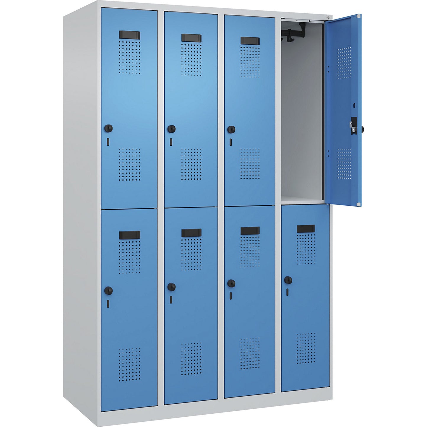 Evolo PLUS double deck clothes locker, 4 compartments, light grey / light blue, W 1200 mm, with floor glides, rotary bolt.