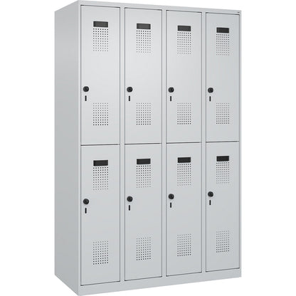 Evolo PLUS double deck clothes locker, 4 compartments, light grey, W 1200 mm, with floor glides, rotary bolt.