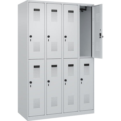 Evolo PLUS double deck clothes locker, 4 compartments, light grey, W 1200 mm, with floor glides, rotary bolt.