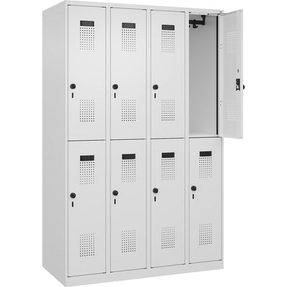 Evolo PLUS double deck clothes locker, 4 compartments, traffic white, W 1200 mm, with floor glides, rotary bolt.