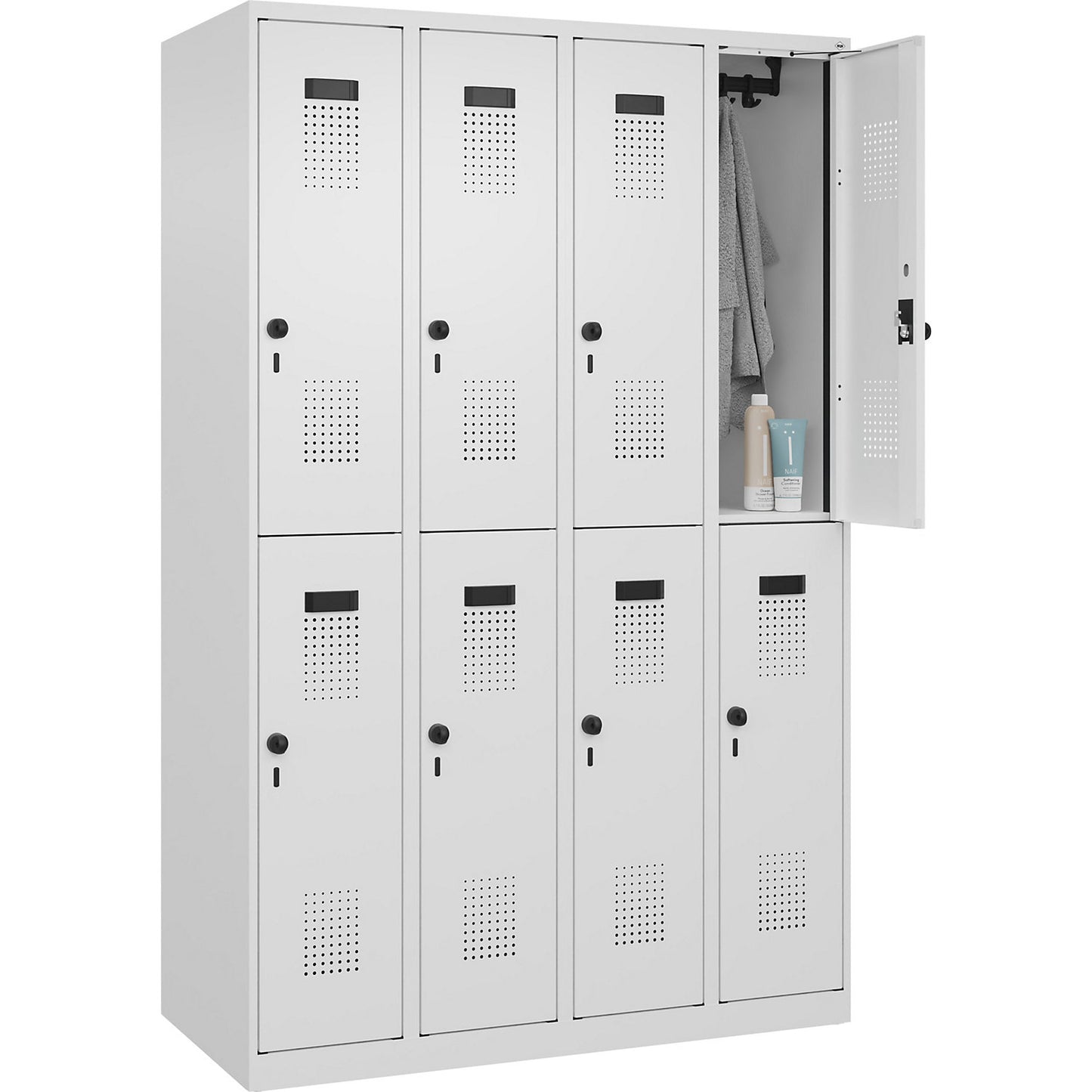 Evolo PLUS double deck clothes locker, 4 compartments, traffic white, W 1200 mm, with floor glides, rotary bolt.