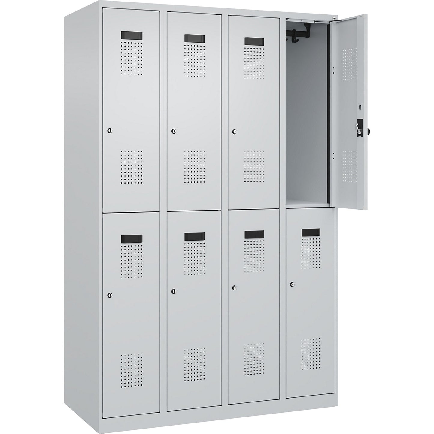 Evolo PLUS double deck clothes locker, 4 compartments, light grey, W 1200 mm, with floor glides, cylinder lock.