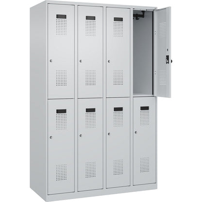 Evolo PLUS double deck clothes locker, 4 compartments, light grey, W 1200 mm, with floor glides, cylinder lock.
