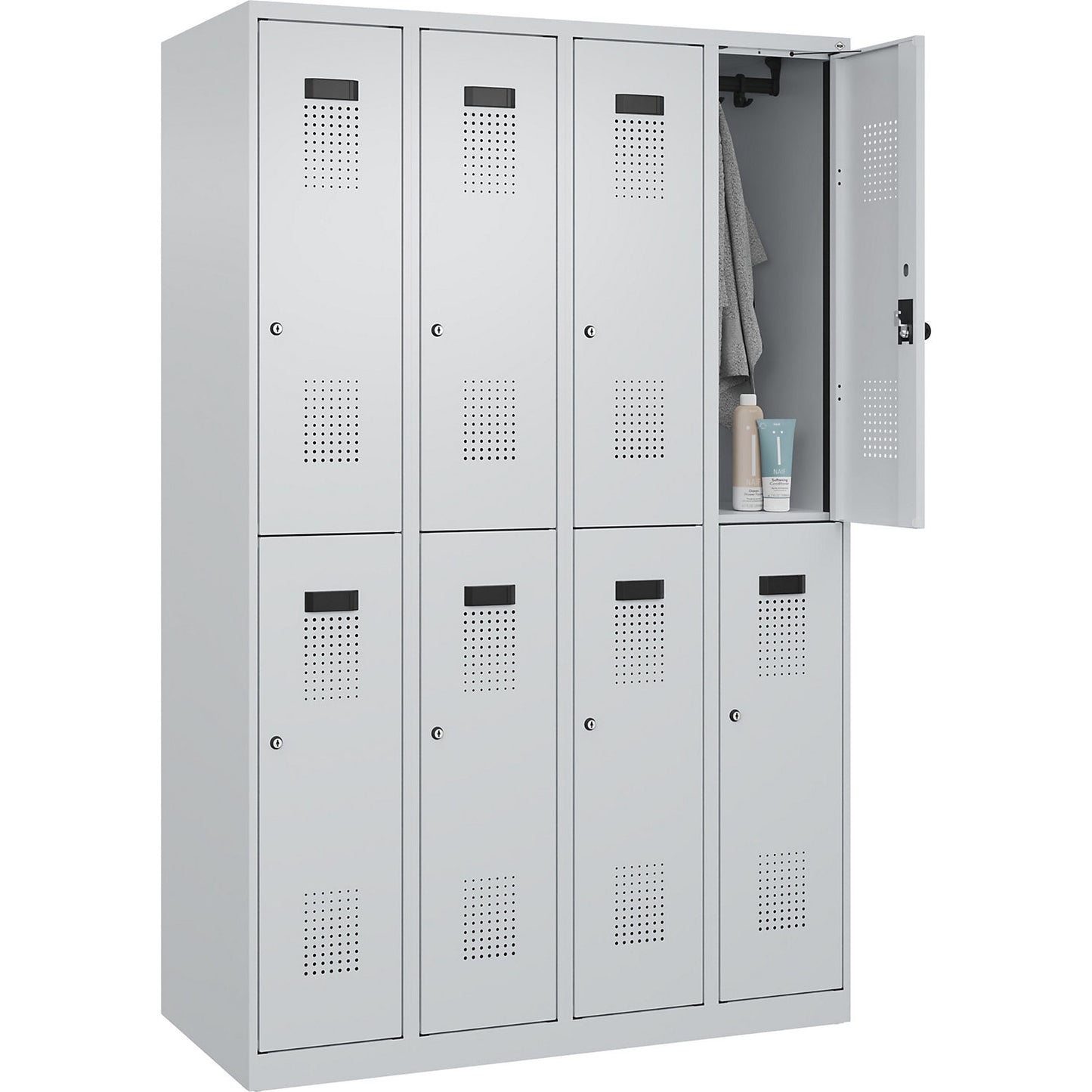 Evolo PLUS double deck clothes locker, 4 compartments, light grey, W 1200 mm, with floor glides, cylinder lock.