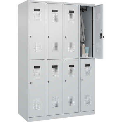 Evolo PLUS double deck clothes locker, 4 compartments, light grey, W 1200 mm, with floor glides, cylinder lock.
