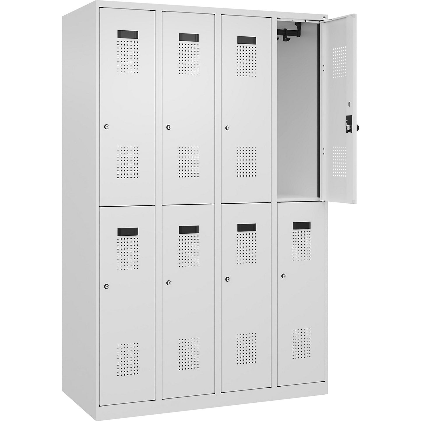 Evolo PLUS double deck clothes locker, 4 compartments, traffic white, W 1200 mm, with floor glides, cylinder lock.