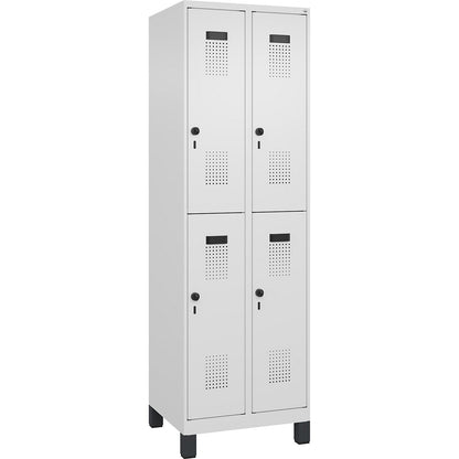 Evolo PLUS double deck clothes locker, 2 compartments, traffic white, W 600 mm, with wide feet, rotary bolt.