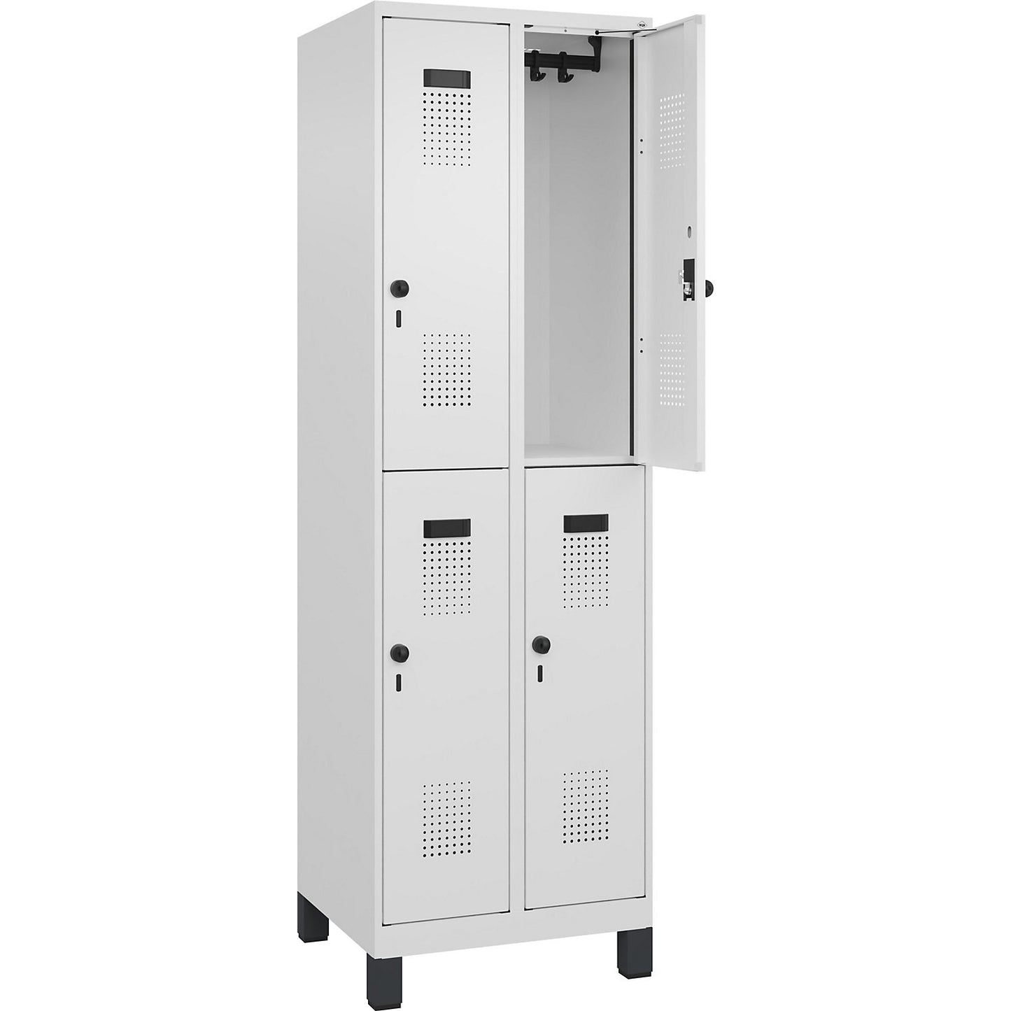 Evolo PLUS double deck clothes locker, 2 compartments, traffic white, W 600 mm, with wide feet, rotary bolt.