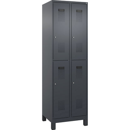 Evolo PLUS double deck clothes locker, 2 compartments, grey, W 600 mm, with wide feet, cylinder lock.