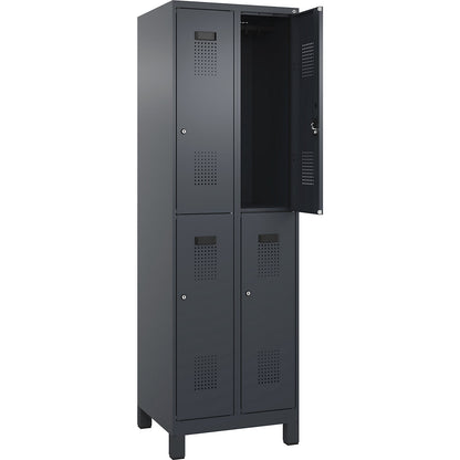 Evolo PLUS double deck clothes locker, 2 compartments, grey, W 600 mm, with wide feet, cylinder lock.