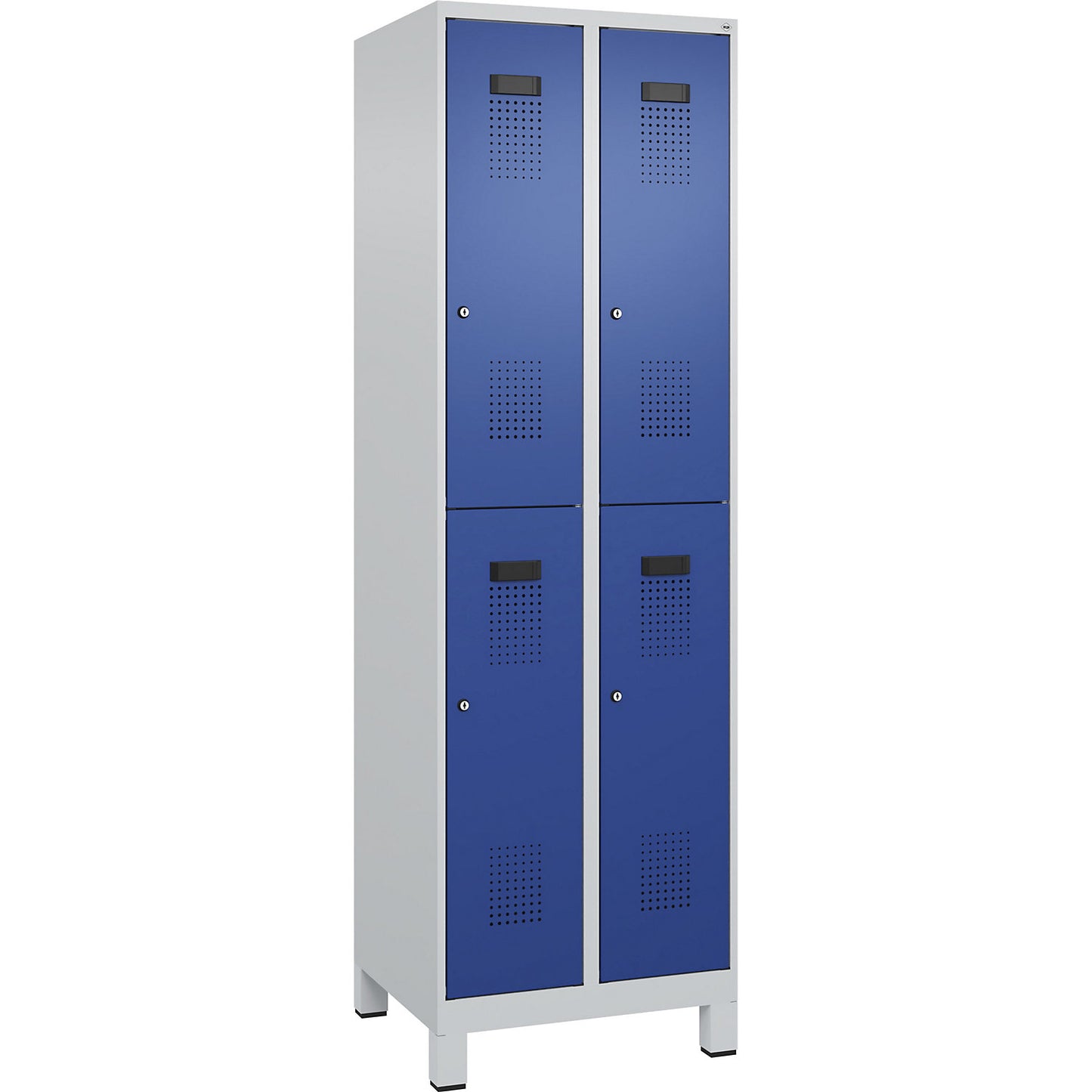 Evolo PLUS double deck clothes locker, 2 compartments, light grey / gentian blue, W 600 mm, with wide feet, cylinder lock.