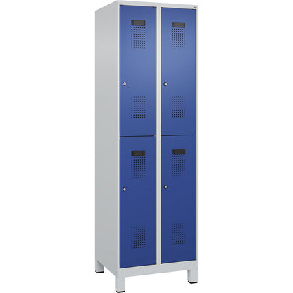 Evolo PLUS double deck clothes locker, 2 compartments, light grey / gentian blue, W 600 mm, with wide feet, cylinder lock.