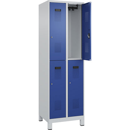 Evolo PLUS double deck clothes locker, 2 compartments, light grey / gentian blue, W 600 mm, with wide feet, cylinder lock.