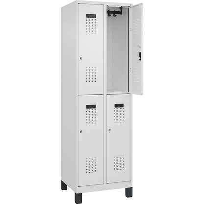 Evolo PLUS double deck clothes locker, 2 compartments, traffic white, W 600 mm, with wide feet, cylinder lock.