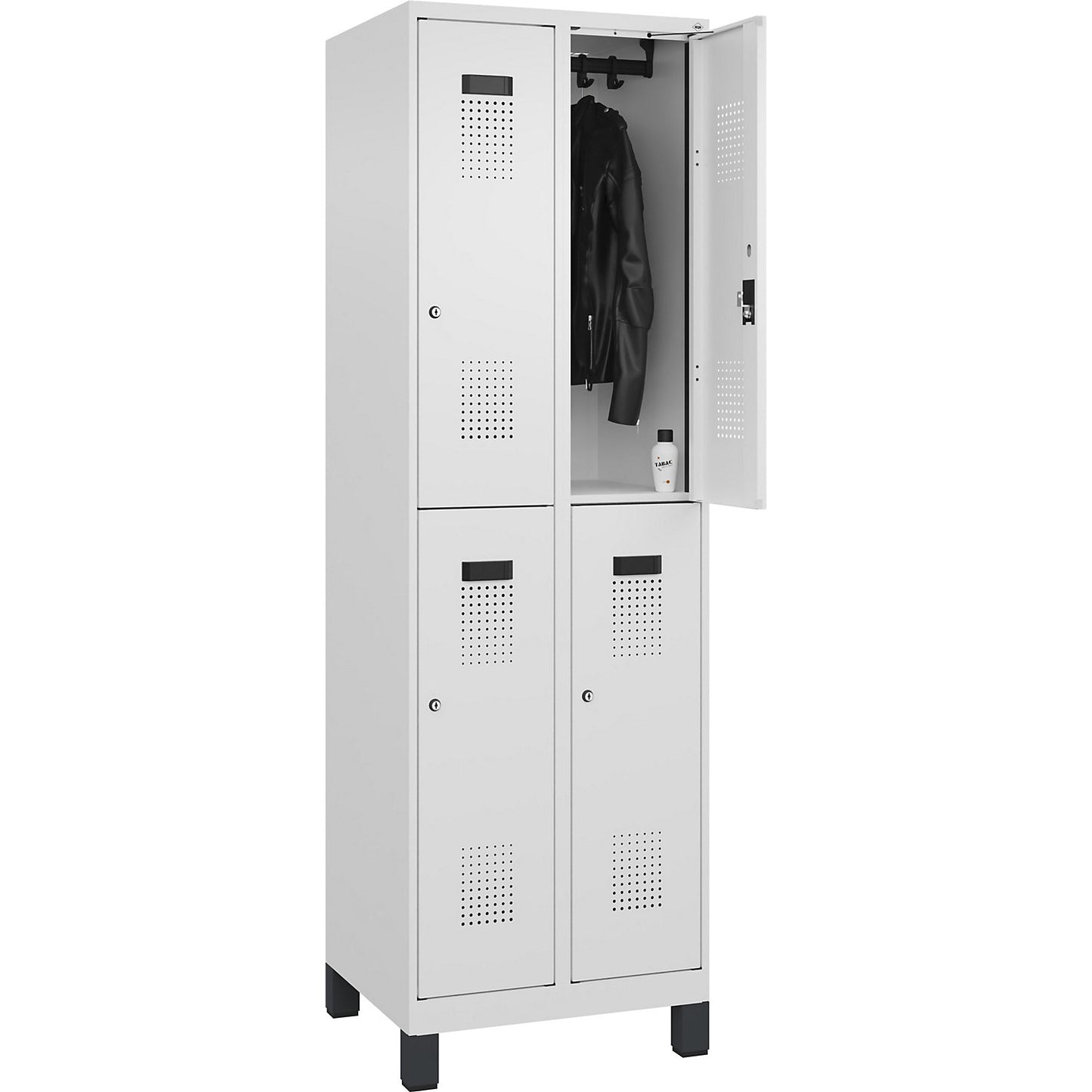 Evolo PLUS double deck clothes locker, 2 compartments, traffic white, W 600 mm, with wide feet, cylinder lock.