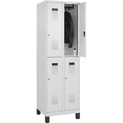 Evolo PLUS double deck clothes locker, 2 compartments, traffic white, W 600 mm, with wide feet, cylinder lock.