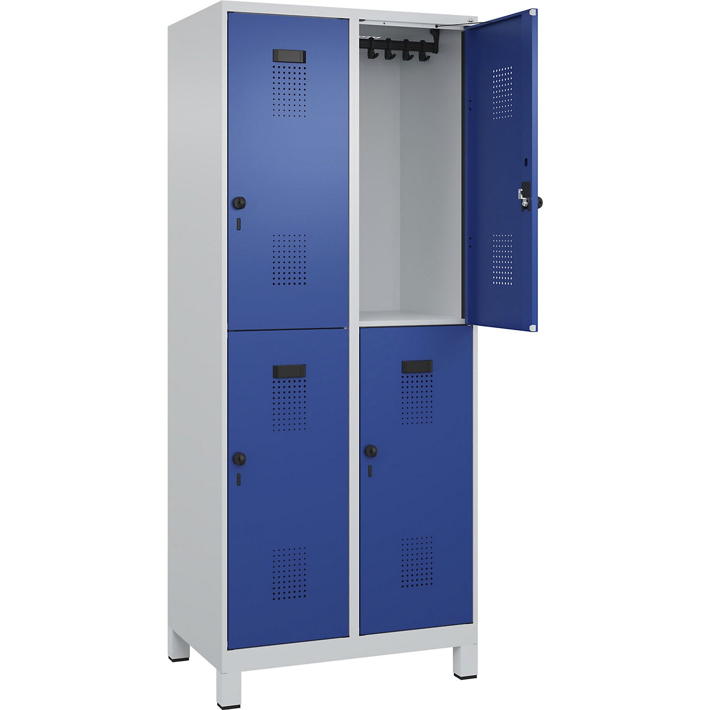 Evolo PLUS double deck clothes locker, 2 compartments, light grey / gentian blue, W 800 mm, with wide feet, rotary bolt.