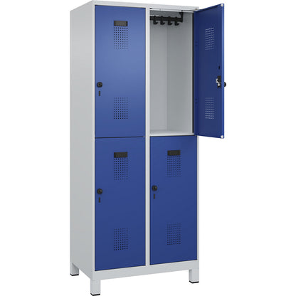 Evolo PLUS double deck clothes locker, 2 compartments, light grey / gentian blue, W 800 mm, with wide feet, rotary bolt.