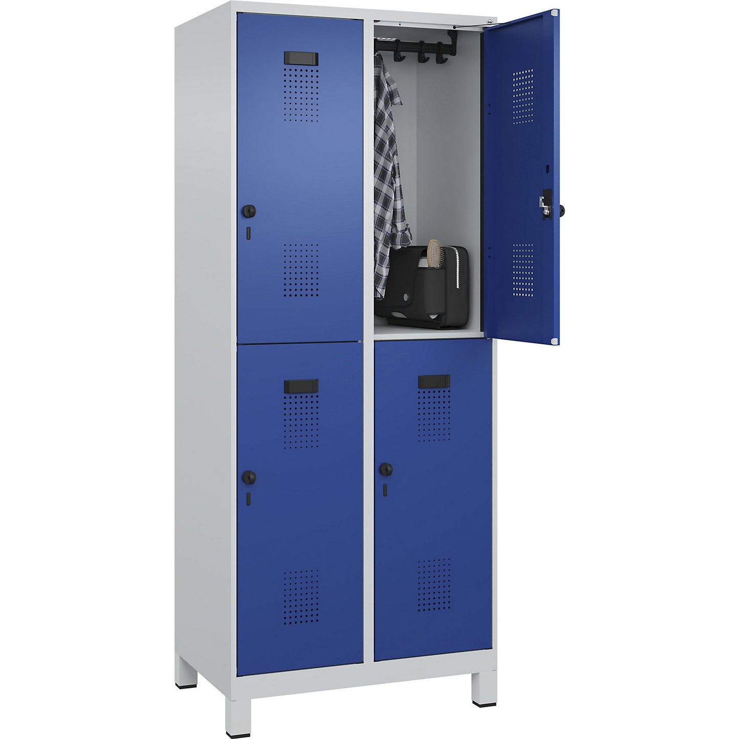 Evolo PLUS double deck clothes locker, 2 compartments, light grey / gentian blue, W 800 mm, with wide feet, rotary bolt.