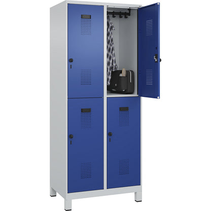 Evolo PLUS double deck clothes locker, 2 compartments, light grey / gentian blue, W 800 mm, with wide feet, rotary bolt.