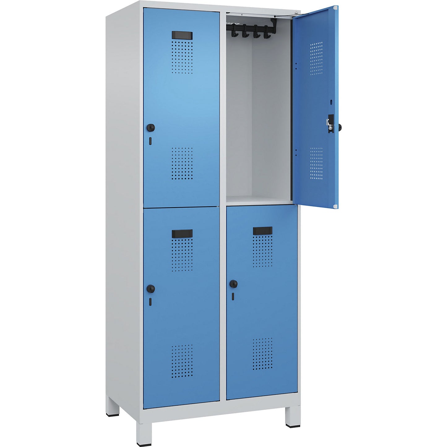 Evolo PLUS double deck clothes locker, 2 compartments, light grey / light blue, W 800 mm, with wide feet, rotary bolt.