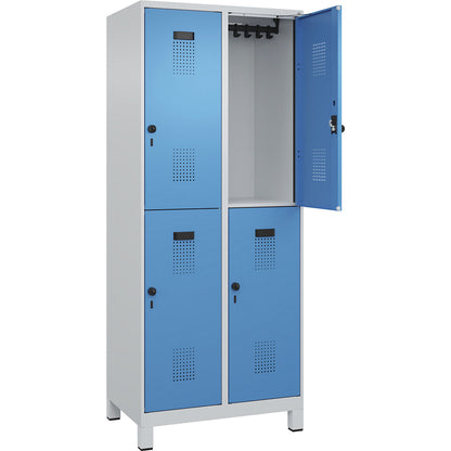 Evolo PLUS double deck clothes locker, 2 compartments, light grey / light blue, W 800 mm, with wide feet, rotary bolt.