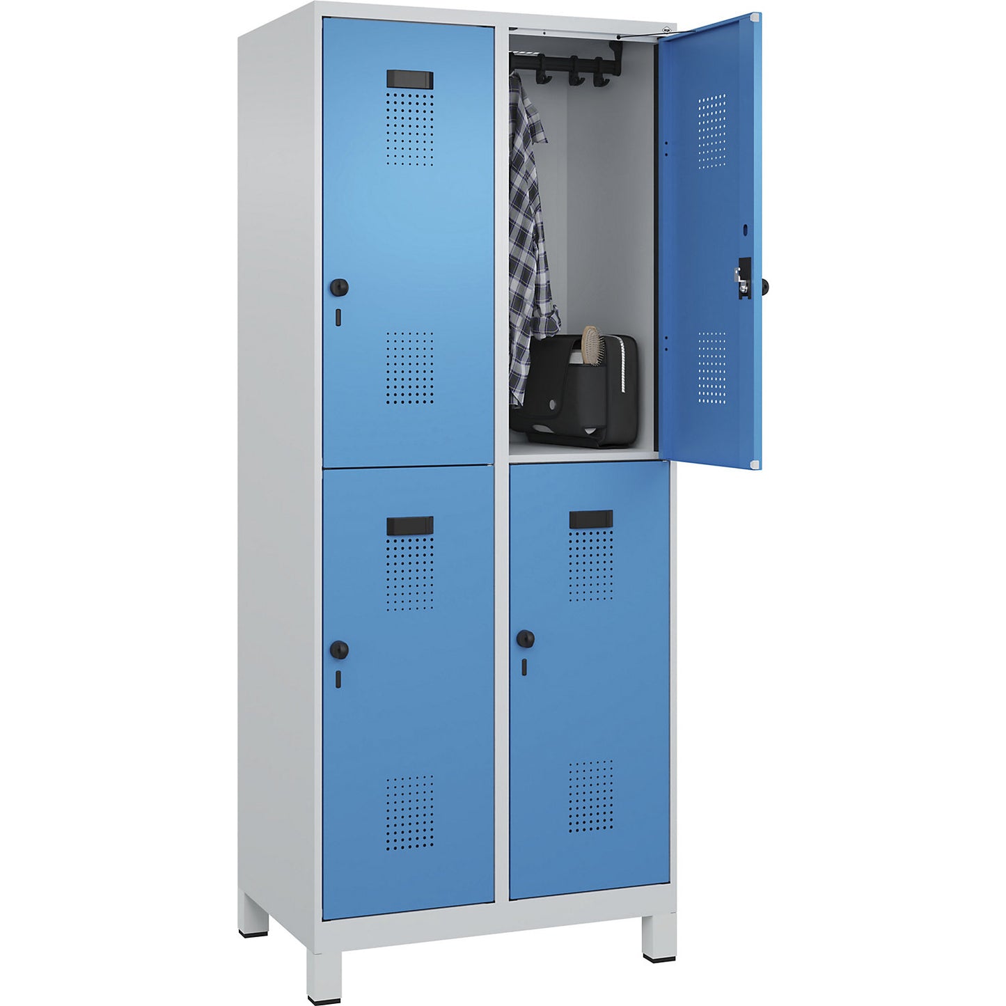 Evolo PLUS double deck clothes locker, 2 compartments, light grey / light blue, W 800 mm, with wide feet, rotary bolt.