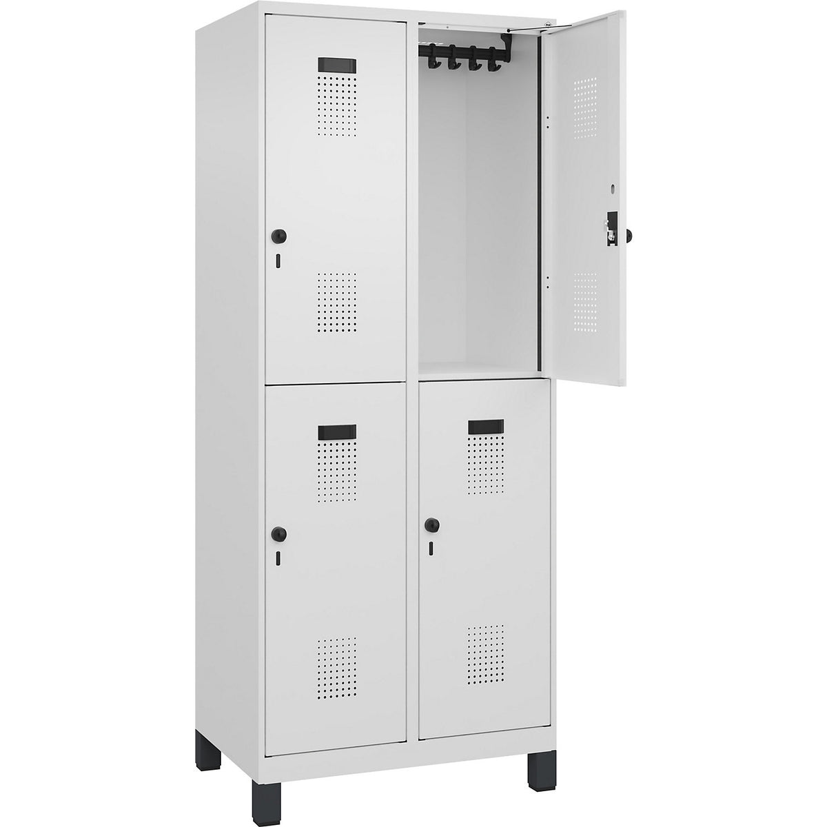 Evolo PLUS double deck clothes locker, 2 compartments, traffic white, W 800 mm, with wide feet, rotary bolt.