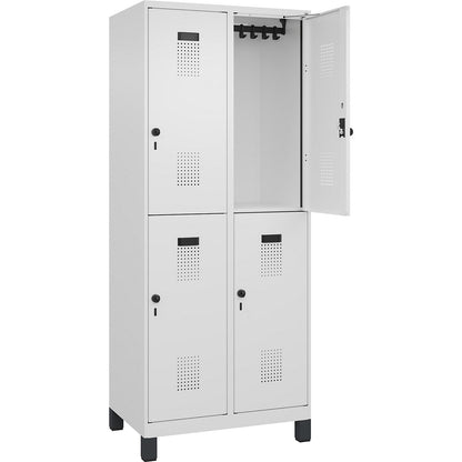 Evolo PLUS double deck clothes locker, 2 compartments, traffic white, W 800 mm, with wide feet, rotary bolt.