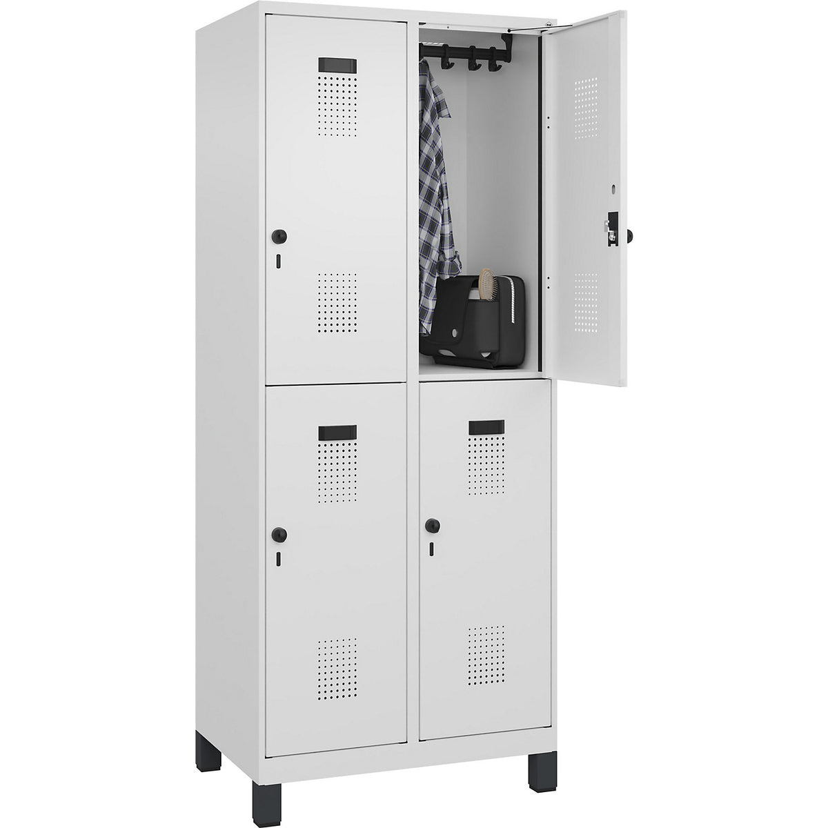 Evolo PLUS double deck clothes locker, 2 compartments, traffic white, W 800 mm, with wide feet, rotary bolt.