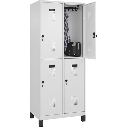 Evolo PLUS double deck clothes locker, 2 compartments, traffic white, W 800 mm, with wide feet, rotary bolt.