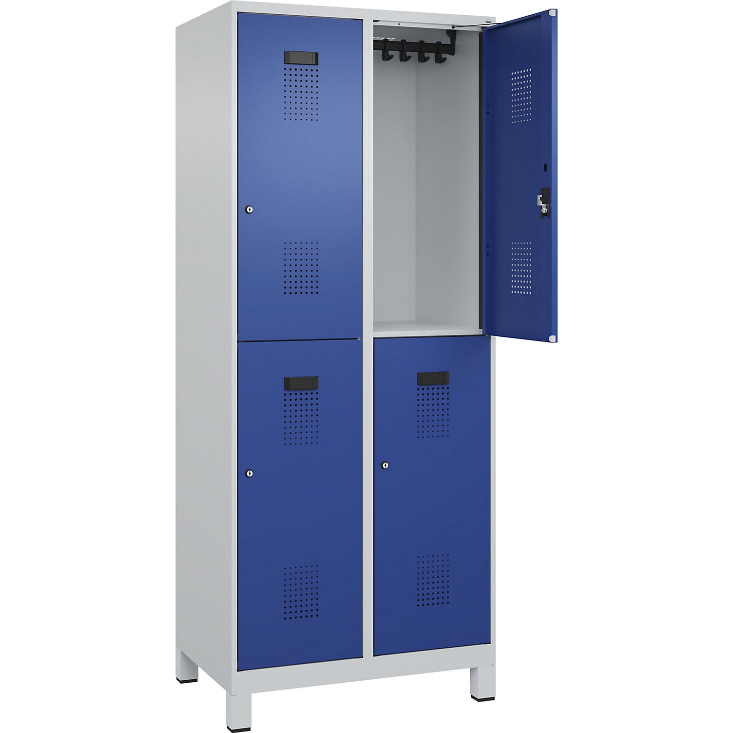 Evolo PLUS double deck clothes locker, 2 compartments, light grey / gentian blue, W 800 mm, with wide feet, cylinder lock.