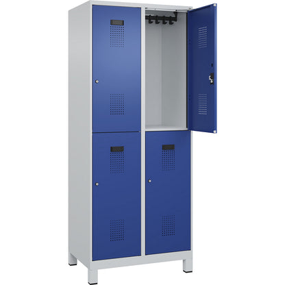 Evolo PLUS double deck clothes locker, 2 compartments, light grey / gentian blue, W 800 mm, with wide feet, cylinder lock.
