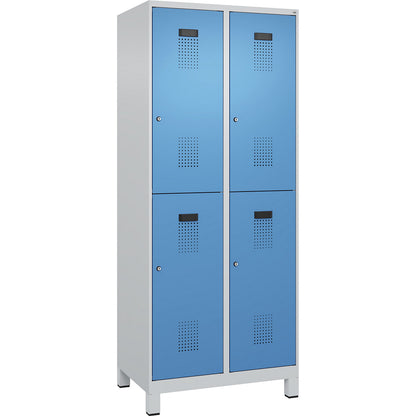 Evolo PLUS double deck clothes locker, 2 compartments, light grey / light blue, W 800 mm, with wide feet, cylinder lock.