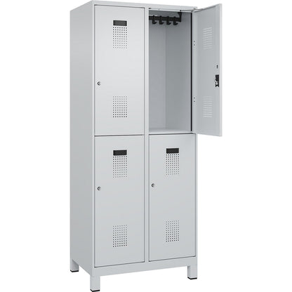 Evolo PLUS double deck clothes locker, 2 compartments, light grey, W 800 mm, with wide feet, cylinder lock.