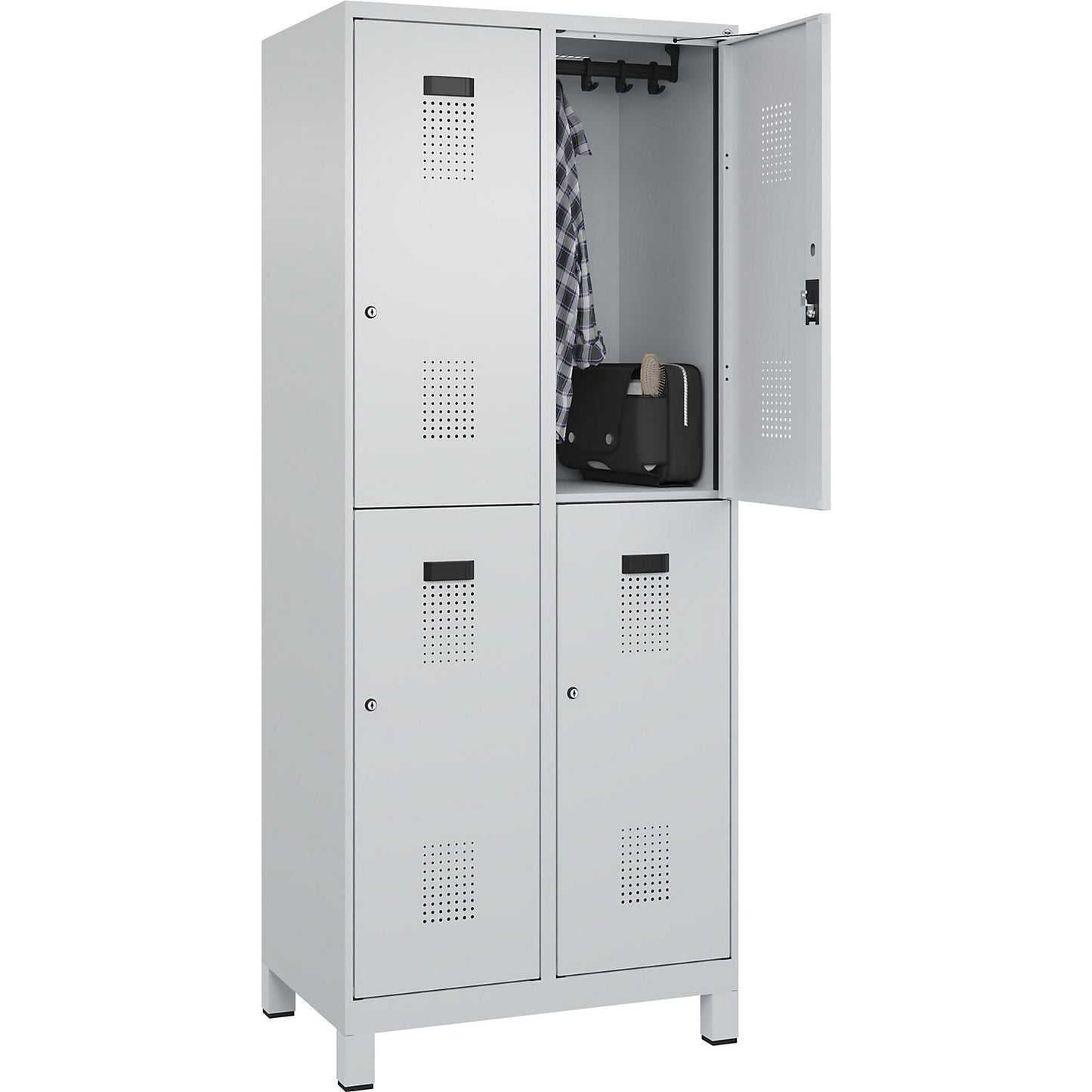 Evolo PLUS double deck clothes locker, 2 compartments, light grey, W 800 mm, with wide feet, cylinder lock.