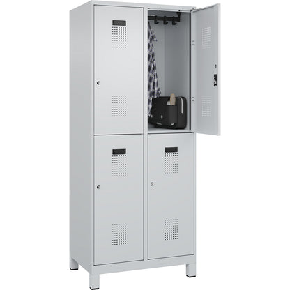 Evolo PLUS double deck clothes locker, 2 compartments, light grey, W 800 mm, with wide feet, cylinder lock.
